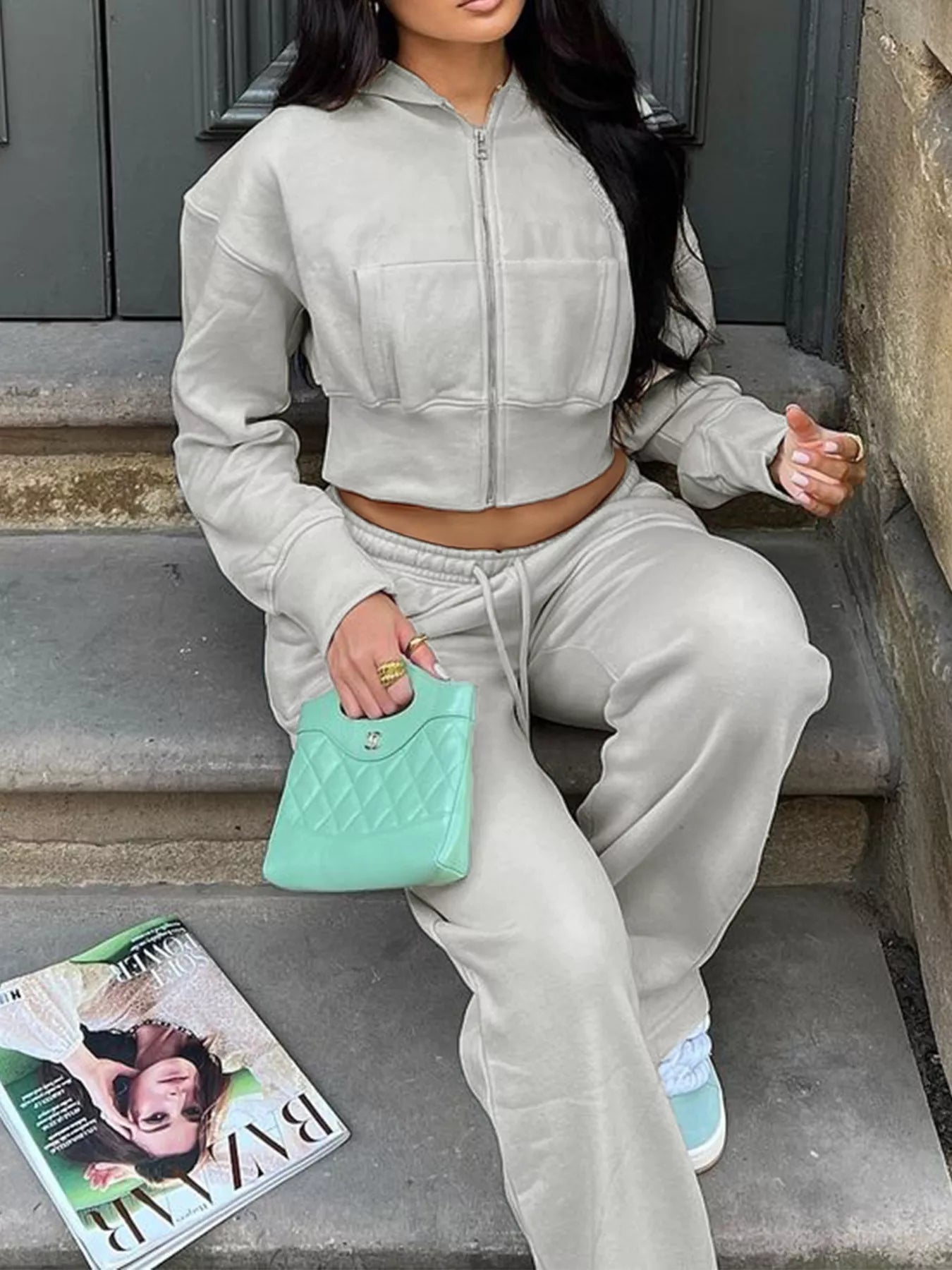 Casual Cropped Hoodie and Sweatpants Set