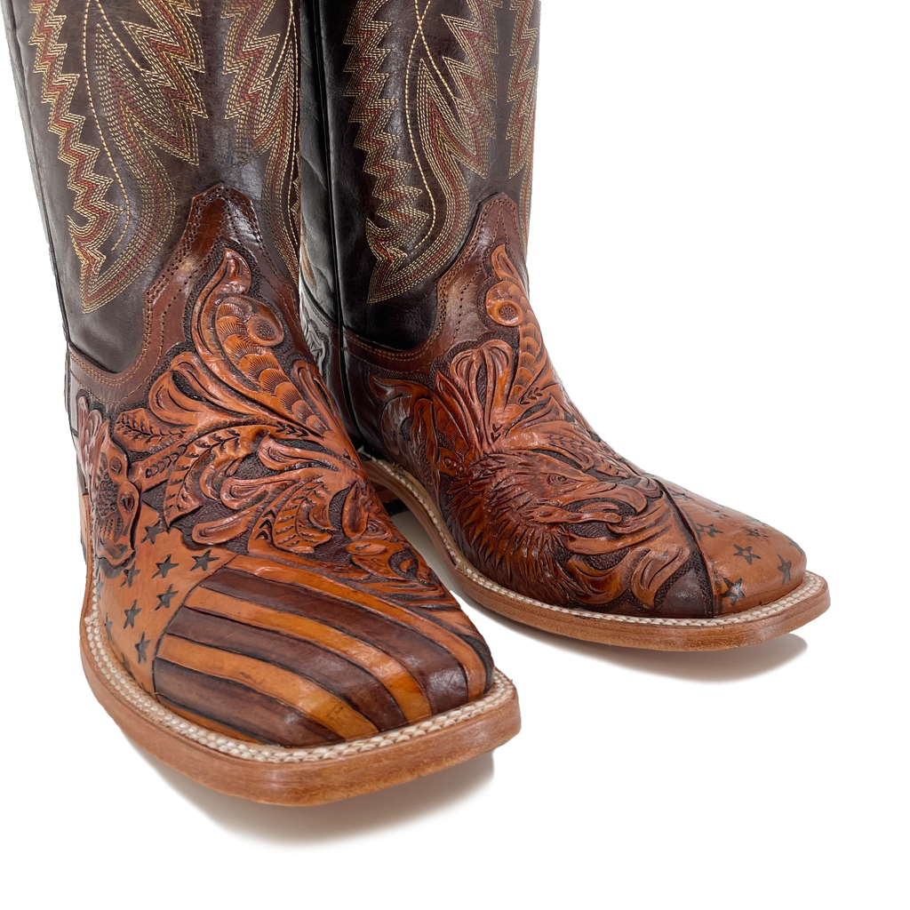 Men's Bulldog Hand Tooled Boots - American Flag w/ Bald Eagle