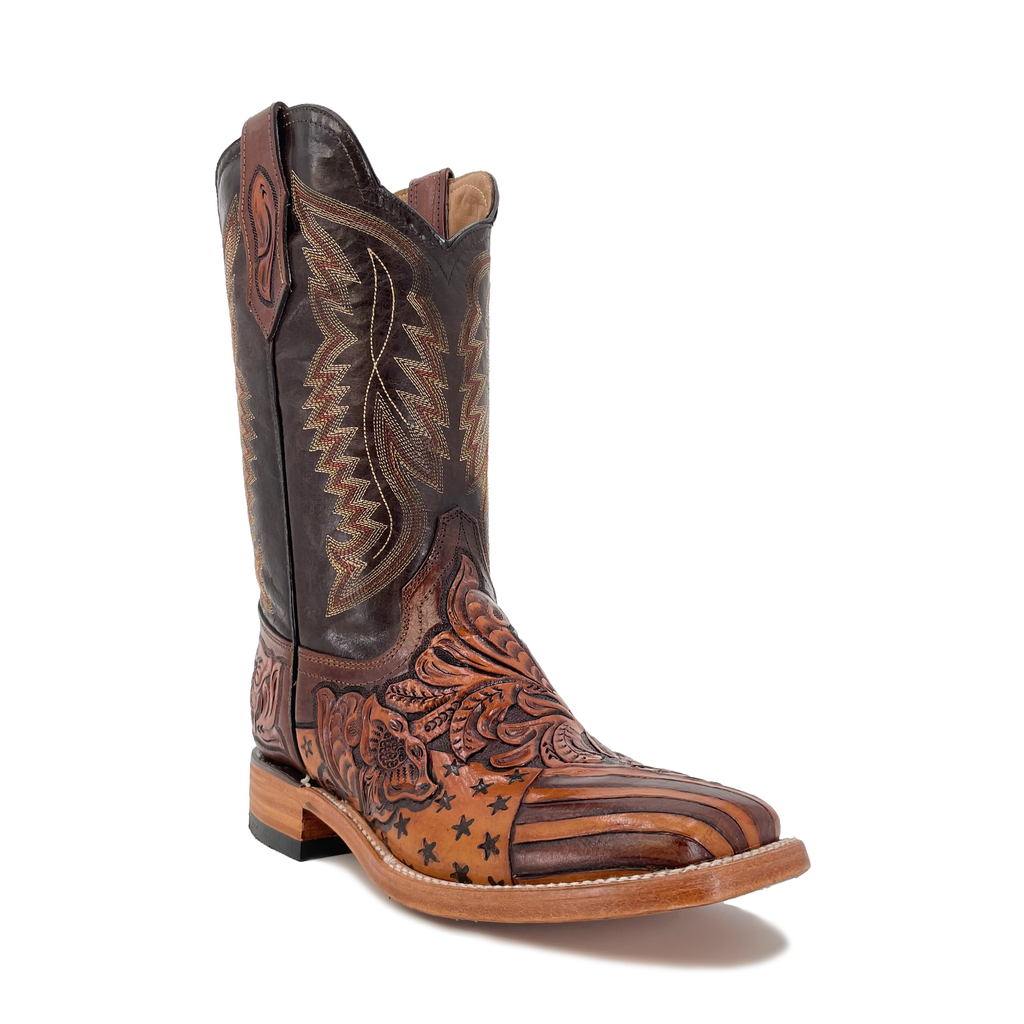 Men's Bulldog Hand Tooled Boots - American Flag w/ Bald Eagle