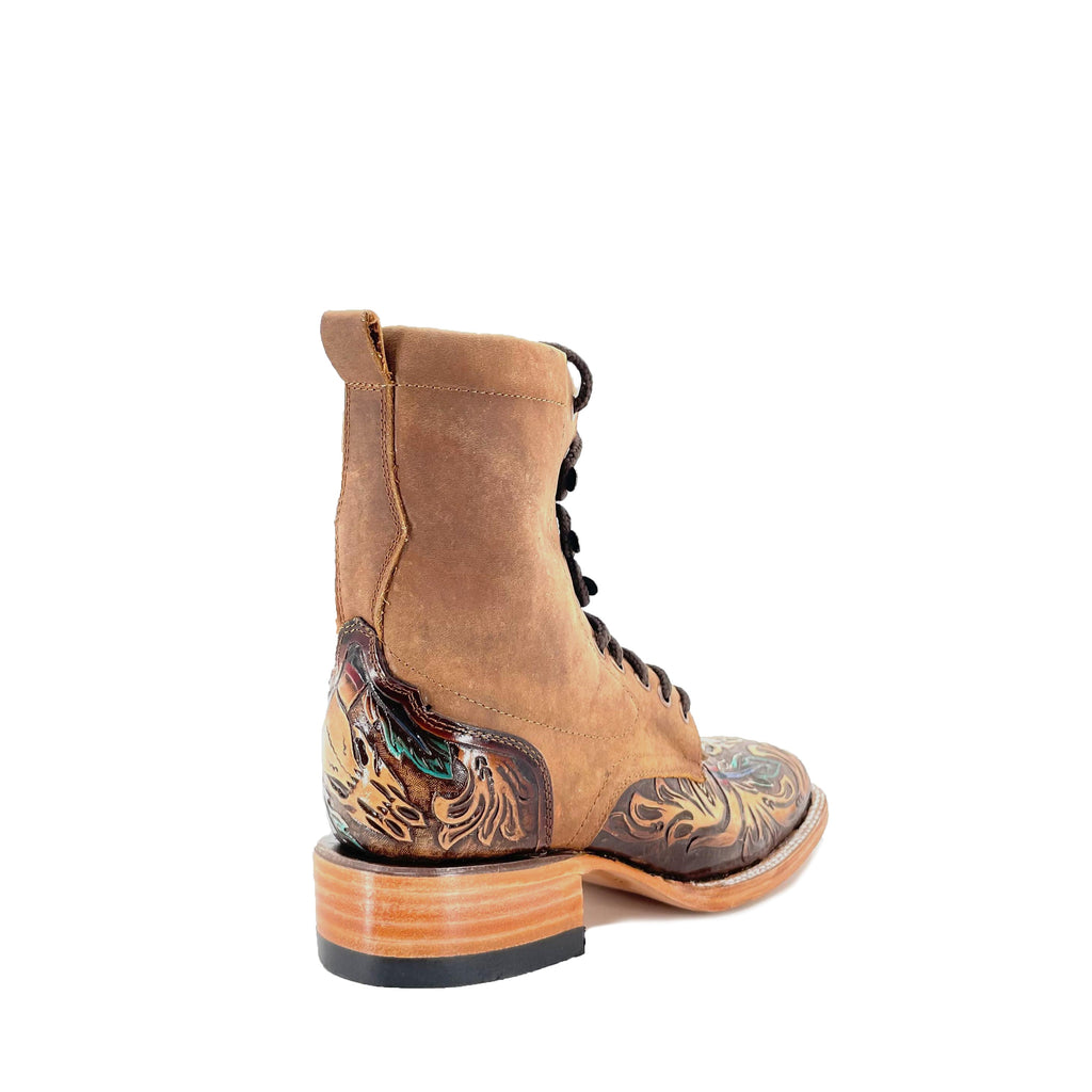 Women's Lace Up Handtooled Boots - Long Horn