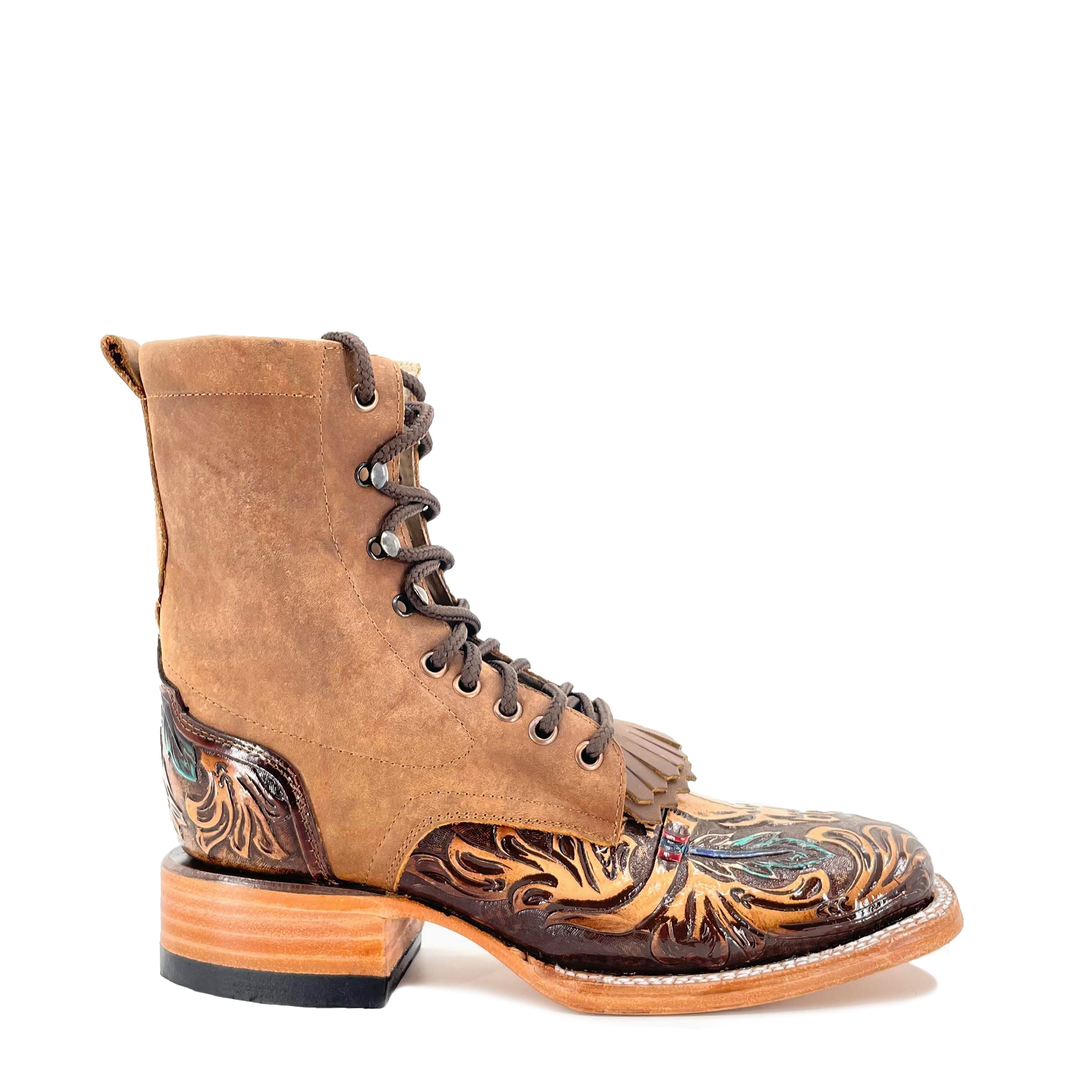 Women's Lace Up Handtooled Boots - Long Horn