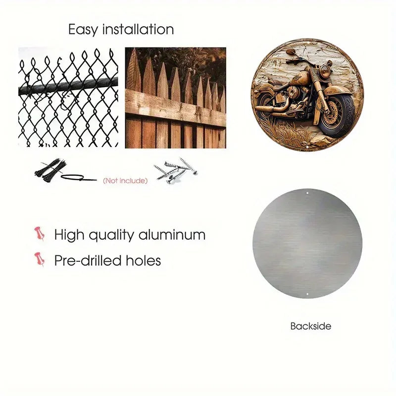 Round Faux Wooden Carved Painted Circular Wreath Sign, Entrance Decoration Gifts Motorcycle Themed Decoration