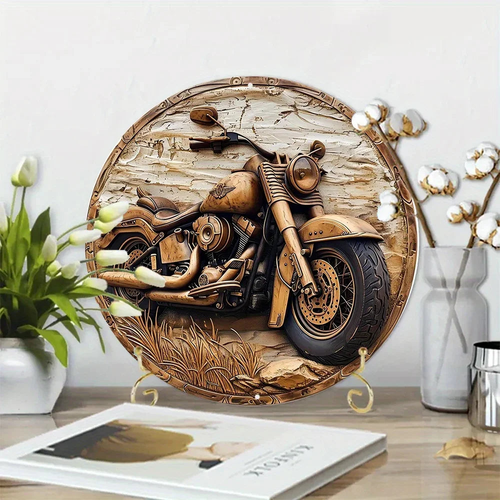 Round Faux Wooden Carved Painted Circular Wreath Sign, Entrance Decoration Gifts Motorcycle Themed Decoration