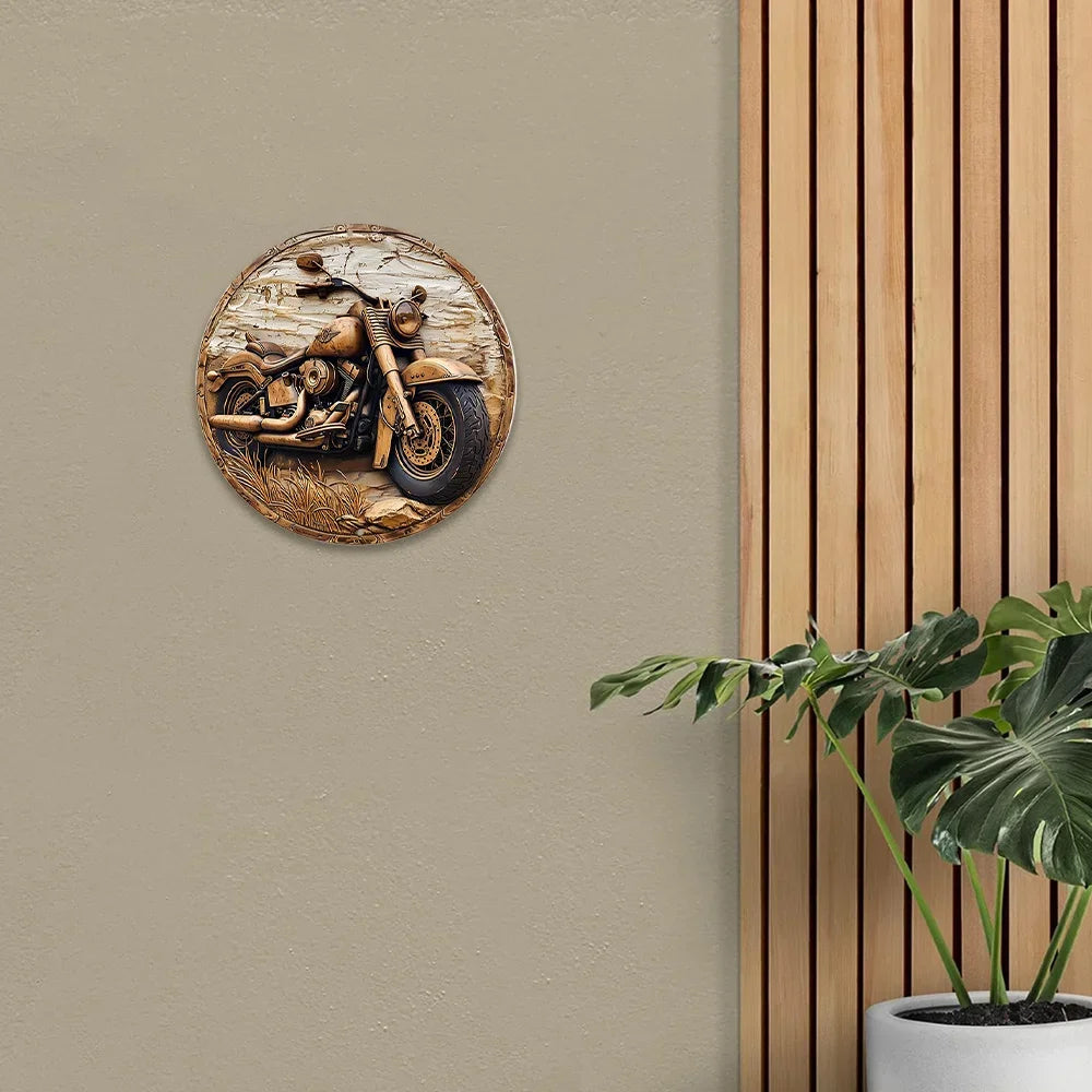 Round Faux Wooden Carved Painted Circular Wreath Sign, Entrance Decoration Gifts Motorcycle Themed Decoration