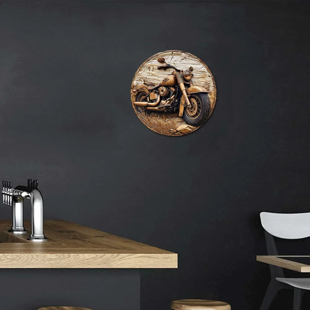 Round Faux Wooden Carved Painted Circular Wreath Sign, Entrance Decoration Gifts Motorcycle Themed Decoration