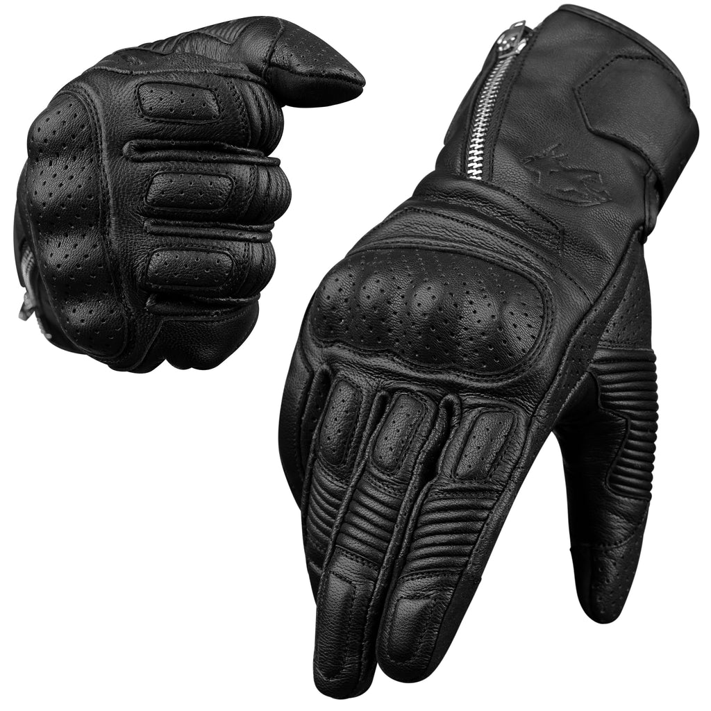 Olympus Knuckle-Protected Leather Motorcycle Gloves with Zipper Closure