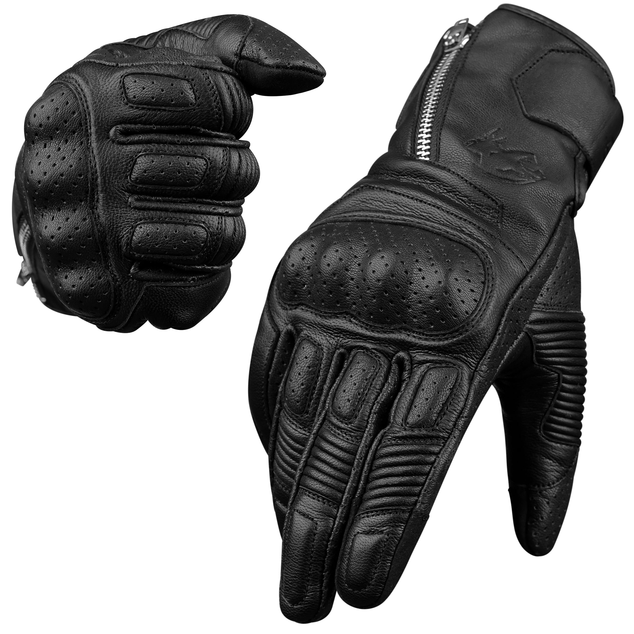 Olympus Knuckle-Protected Leather Motorcycle Gloves with Zipper Closure