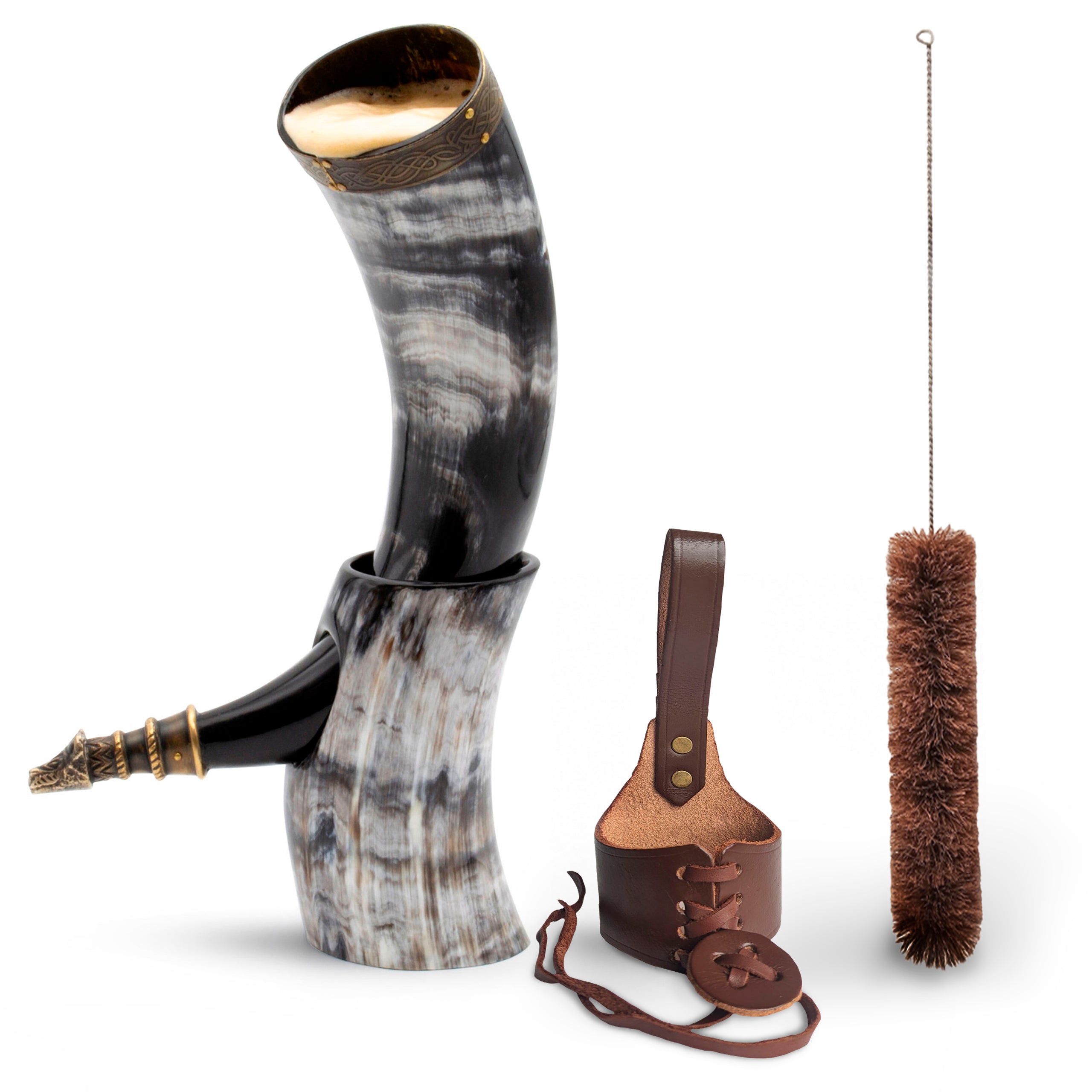 Curved Drinking Horn Bundle with Stand & Holster