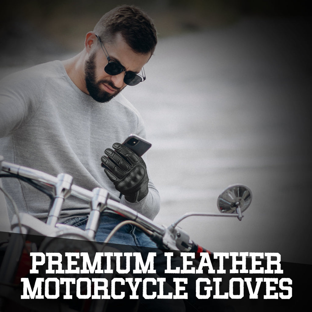 Olympus Knuckle-Protected Leather Motorcycle Gloves with Zipper Closure