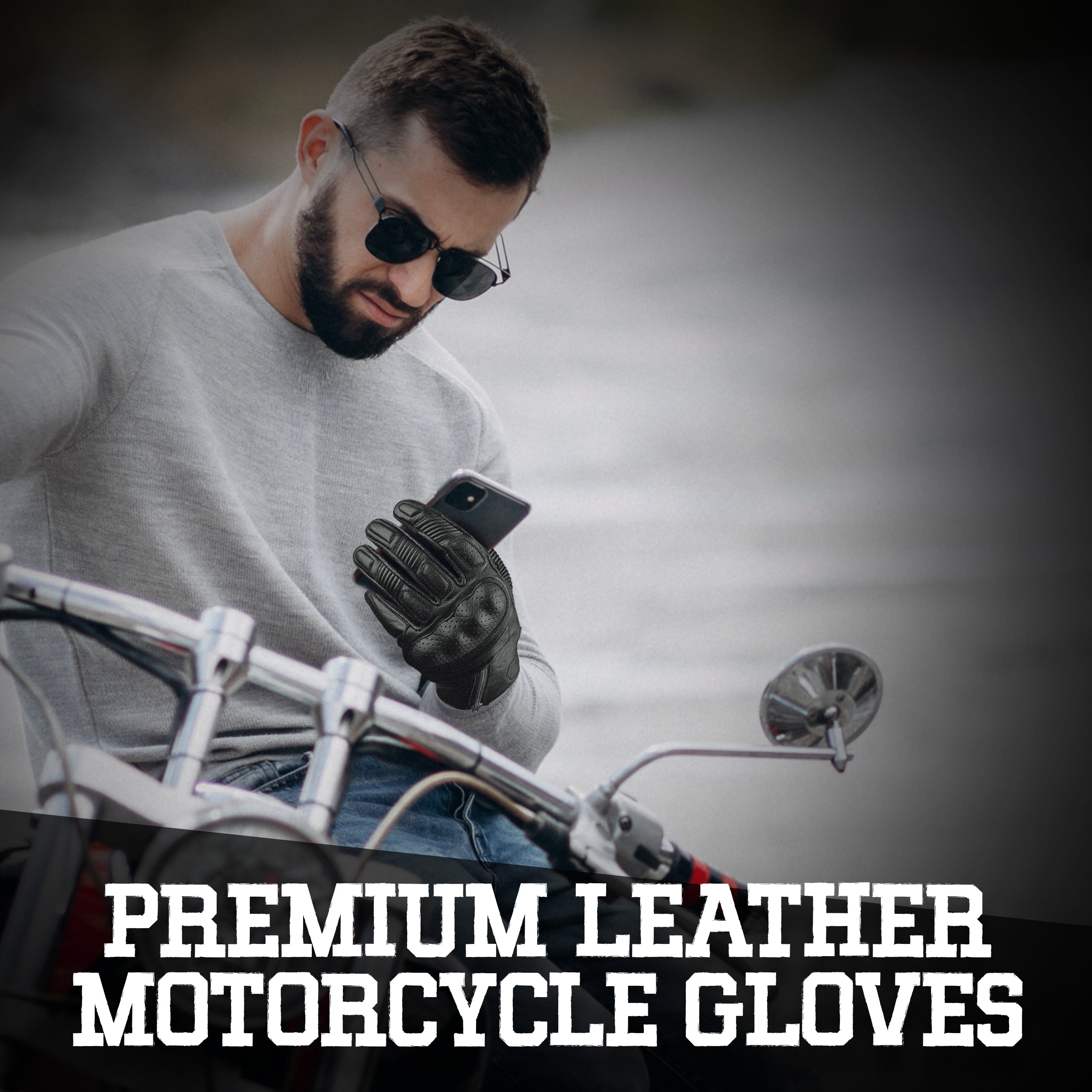 Olympus Knuckle-Protected Leather Motorcycle Gloves with Zipper Closure