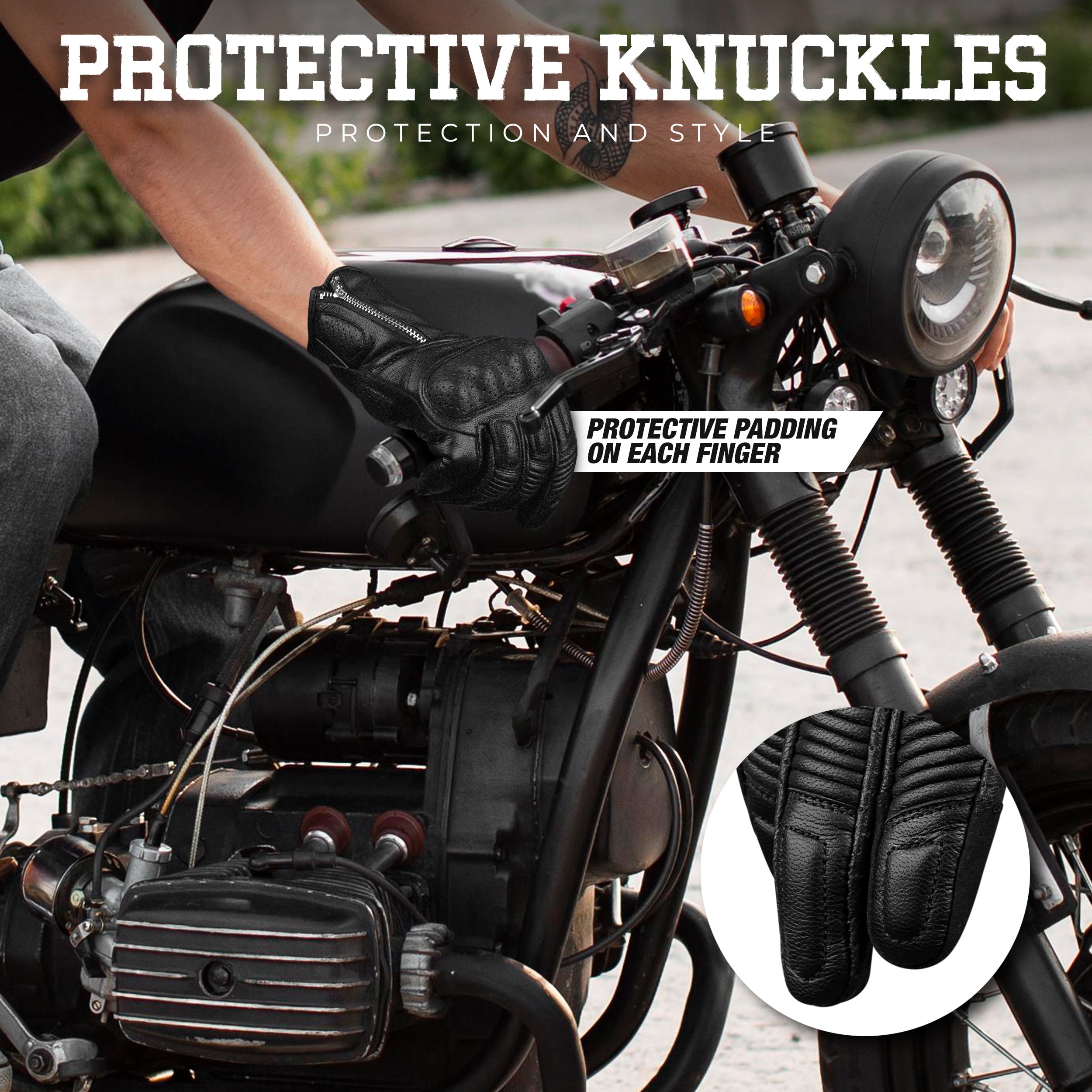 Olympus Knuckle-Protected Leather Motorcycle Gloves with Zipper Closure