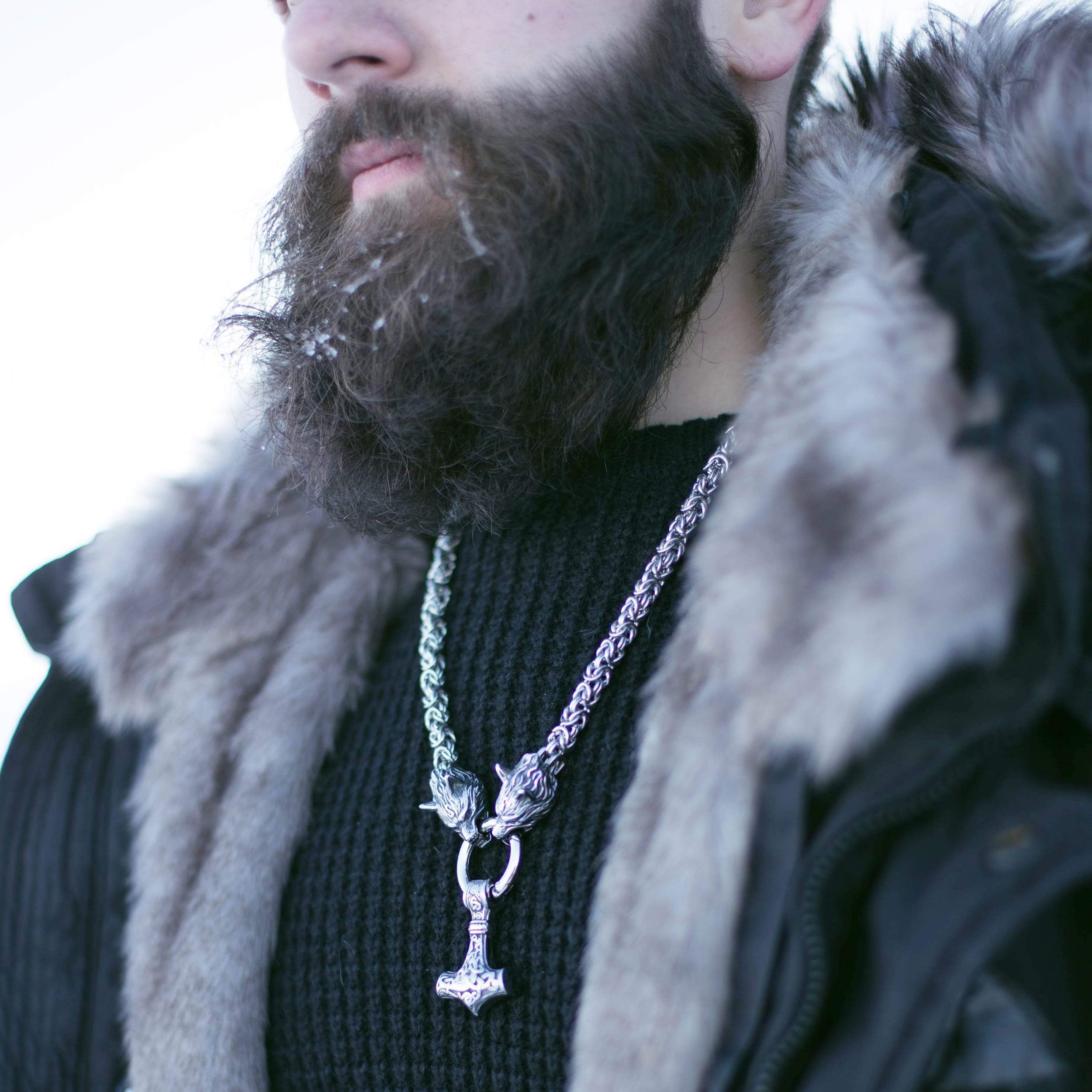 Vikings Wolf Head Mjolnir Stainless Steel Necklace