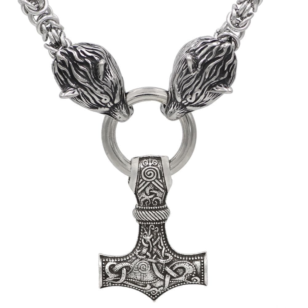 Vikings Wolf Head Mjolnir Stainless Steel Necklace