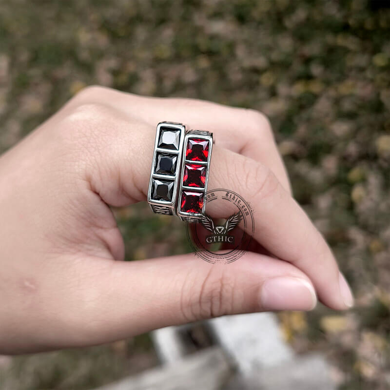 Runes 3-Stone CZ Zircon Stainless Steel Ring