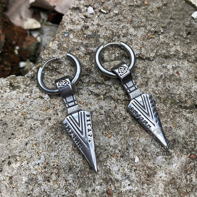 Viking Spear Head Valknut Stainless Steel Earrings