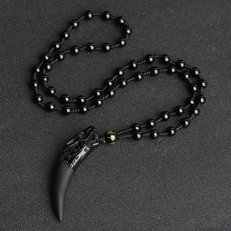Wolf Tooth Obsidian Amulet Pendant Necklace