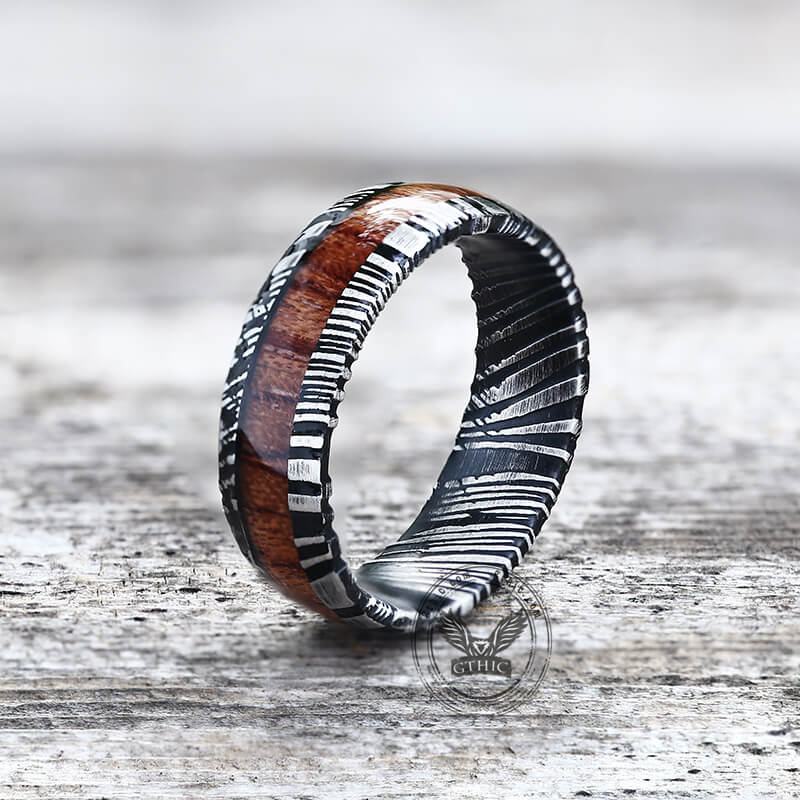 Wood Damascus Steel Minimalist Ring