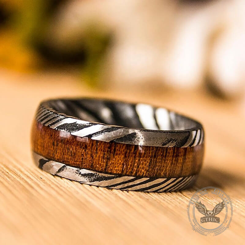 Wood Damascus Steel Minimalist Ring