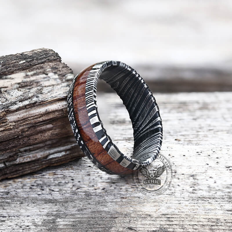 Wood Damascus Steel Minimalist Ring