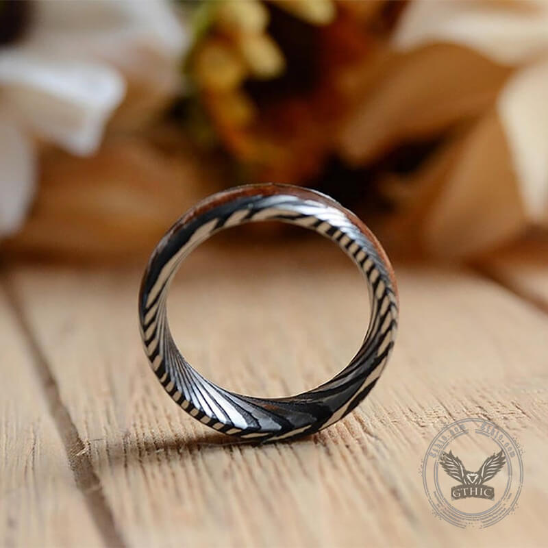 Wood Damascus Steel Minimalist Ring